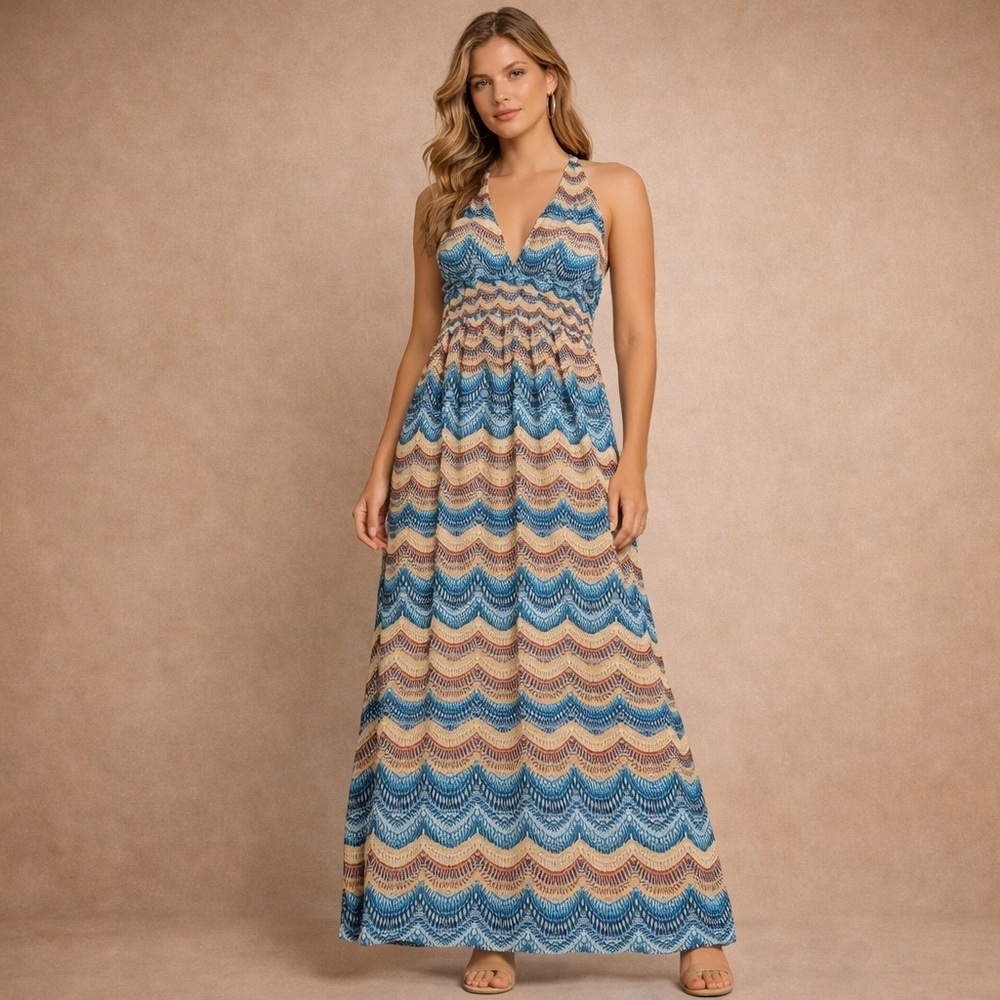 Forever 21 Boho Chevron Maxi Dress Halter Festival Summer Beach Size M